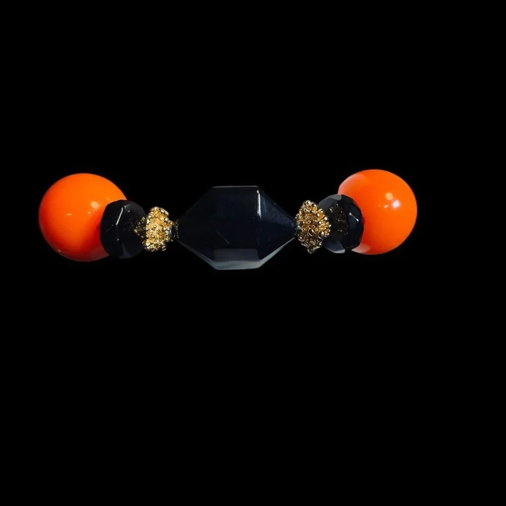 Handmade Black Orange Beaded Bracelet Stretch Crystal Goth Halloween Statement‎